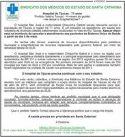 SIMESC lança apelo para evitar suspensão de atendimentos no hospital de Tijucas