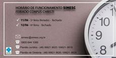 Horário funcionamento SIMESC – feriado Corpus Christi